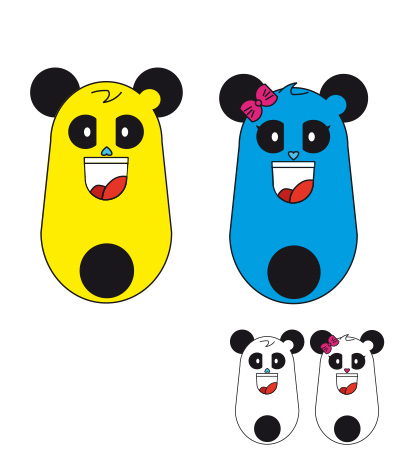 P'ti Koi são dois pandas, um amarelo e um azul.